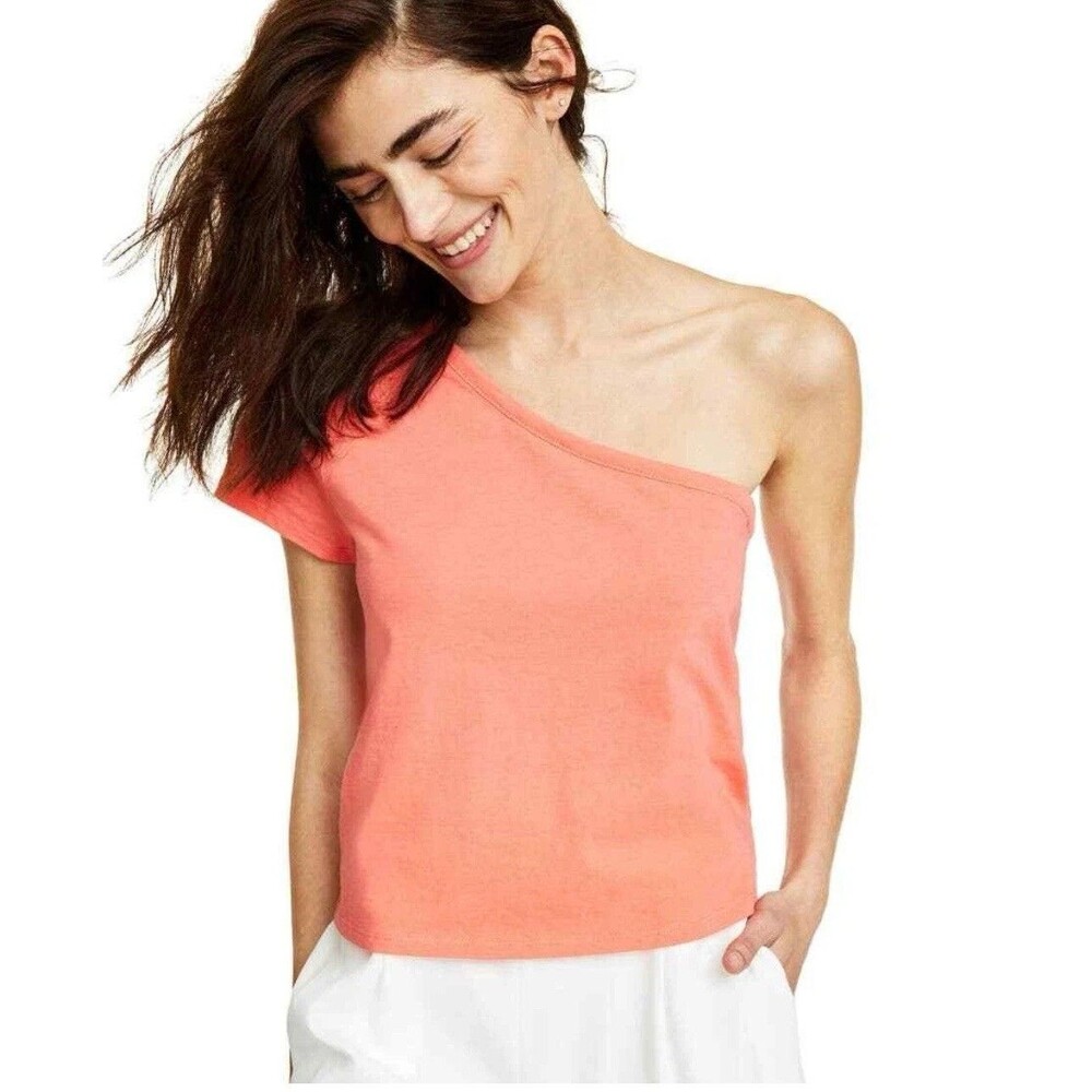 Bar III One Shoulder Asymmetric Top Coral Orange 100% Cotton Women’s Small